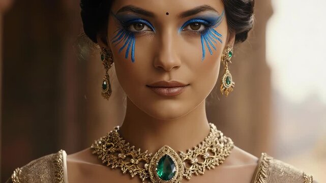 Elegant Woman with Ornate Jewelry and Dramatic Blue Eye Makeup Portrait