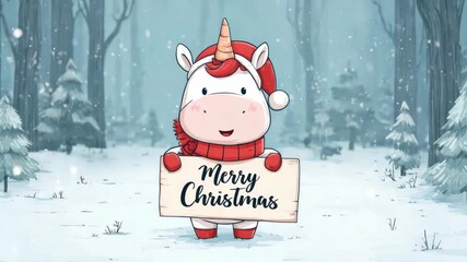 cute unicorn with christmas greeting sign standing in winter forest illustrated animation - Powered by Adobe