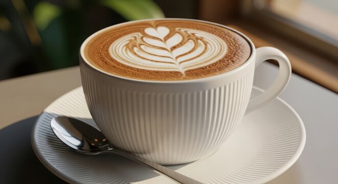 A closeup of a freshly brewed coffee latte with beautiful heartshaped foam art, presented in a white ceramic cup - Powered by Adobe