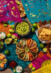 Fototapeta premium Overhead view of a vibrant Cinco de Mayo party spread with tacos, guacamole, and colorful Mexican papel picado decorations for celebration.