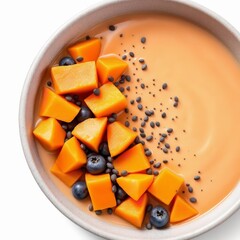 Overhead view of a vibrant orange smoothie bowl topped with fresh mango cubes, blueberry, and black sesame seed garnish