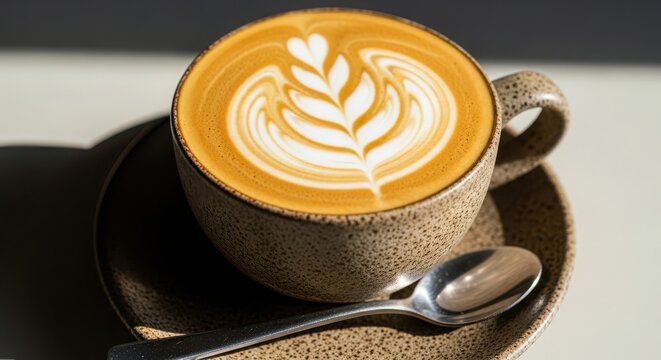 A delicious coffee latte with beautiful leafshaped foam art, served in a textured ceramic cup and saucer