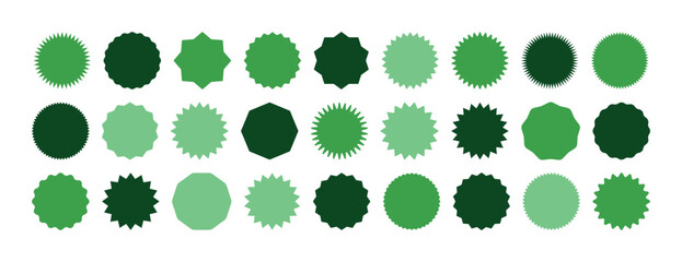 Circle sticker set green. Wavy edge promo badges collection. Star burst shape tags for price discount. Blank sale stickers silhouette. Vintage label symbols. Graphic illustration icons isolated.
