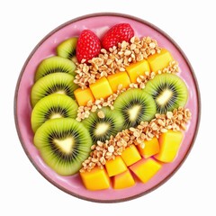Healthy fruit bowl with sliced kiwi, mango, granola, and fresh raspberry topping isolated on white background