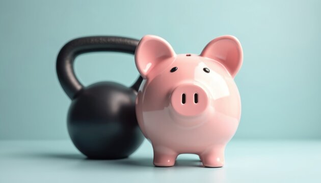 Pink piggy bank with black kettlebell behind suggests financial strength and wellness planning. Savings and investment lead to a strong future and stable wealth management strategy.