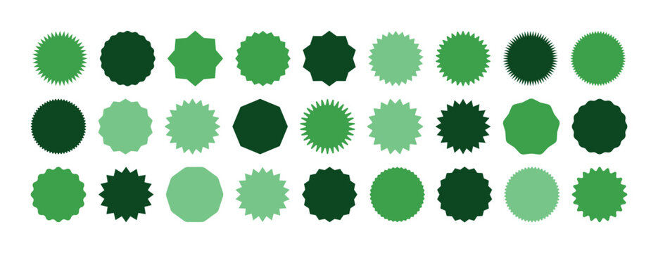 Circle sticker set green. Wavy edge promo badges collection. Star burst shape tags for price discount. Blank sale stickers silhouette. Vintage label symbols. Graphic illustration icons isolated. - Powered by Adobe