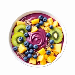 Vibrant aa bowl topped with fresh kiwi slice, blueberry, and mango cube on white background