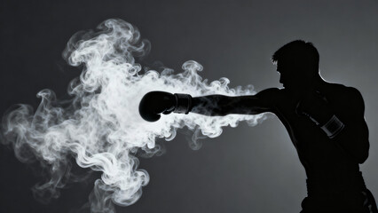 Powerful Boxer Silhouette Throwing Punch Surrounded by Dynamic Smoke Effect
