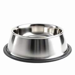 Shiny stainless steel pet food bowl with black rubber base isolated on white background