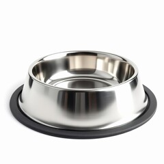 Shiny stainless steel pet food bowl with black rubber base isolated on white background