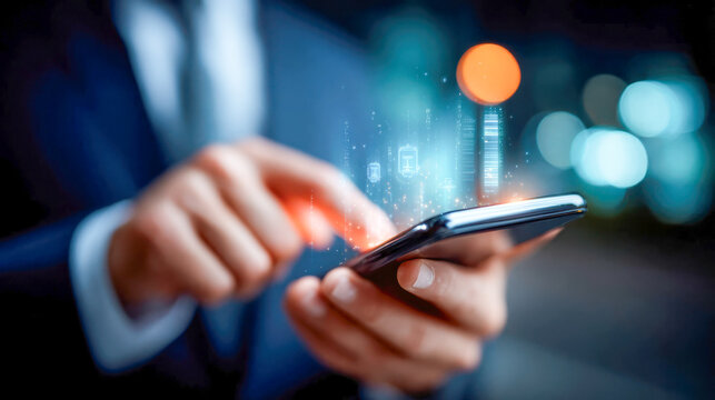 Man using a smartphone with floating compliance and approval icons, symbolizing digital workflow, verification, and modern business communication