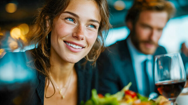 Portrait of a woman smiling softly while choosing food from a buffet during an office lunch event