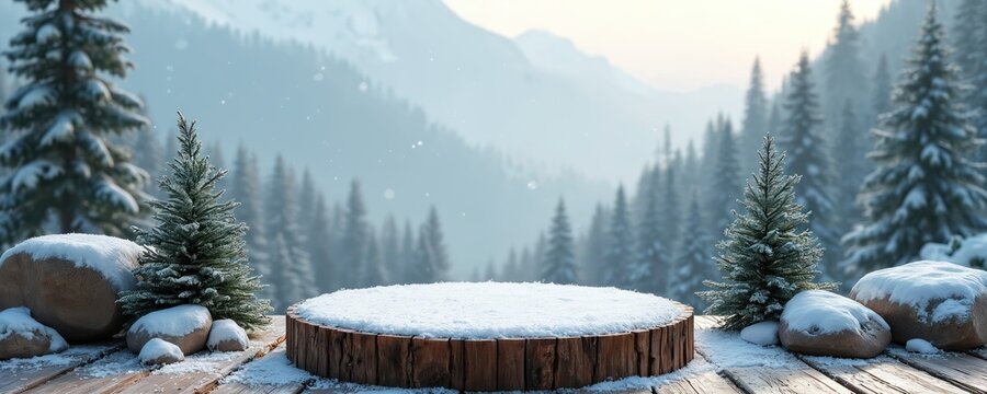 Wooden podium covered in fresh white snow on rustic plank surface. Small evergreen pine trees stand around snow-dusted rocks. Distant snowy mountains, forest create serene winter backdrop. Great for