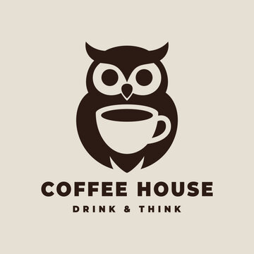 Minimalist Owl Holding Coffee Cup Logo In Brown On Light Cocoa Background, Elegant Negative Space Design For Cafe Or Coffee Brand