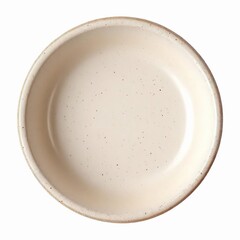 Top view of a small, round, speckled ceramic bowl with a light beige or cream glaze isolated on white background