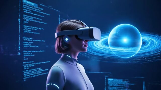 Woman wearing VR headset exploring digital universe - Powered by Adobe