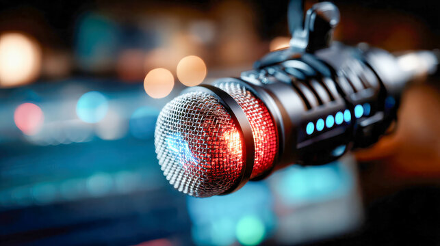 Professional podcast microphone glowing under studio lights in a modern recording setup