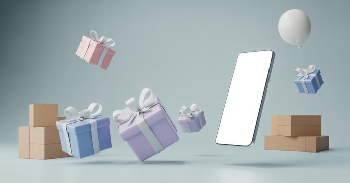 Digital gift-giving concept: A smart phone displays an empty screen with a collection of floating presents and a floating balloon, this image reflects the concept of online gifting.