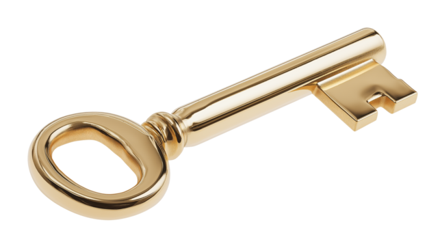 Golden key isolated on pure white, high detail, soft studio light, product PNG style