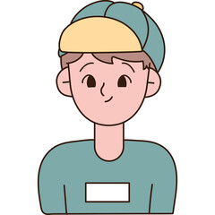 Cartoon Illustration of a Young Boy Wearing a Teal Baseball Cap and Teal T-shirt with a White Rectangular Emblem on the Front on a Transparent Background