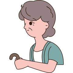 Elderly Woman With Gray Hair Holding A Cane Showing Concern On Her Face With A Soft Smile And A Blue Cardigan Over A White Shirt On A Transparent Background