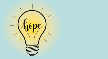 Illustration of a glowing lightbulb with the word "hope" in stylized handwriting inside on a warm pastel background with copy space