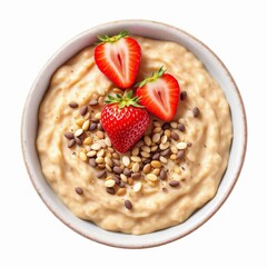 Overhead view of a bowl of creamy oatmeal topped with fresh strawberry slice and seed mix isolated on white background