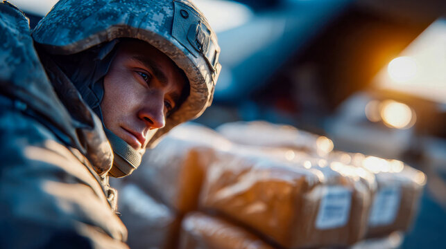 Military personnel in cold-weather gear handling humanitarian aid boxes near an aircraft during a relief operation