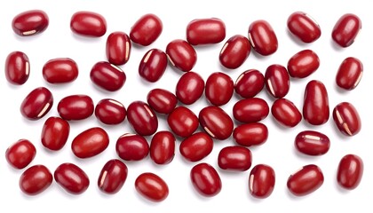 A scattered arrangement of vibrant red adzuki beans viewed from above against a stark white backdrop