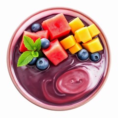 Delicious aa bowl topped with fresh watermelon, mango cubes, blueberries, and mint leaf isolated on white background