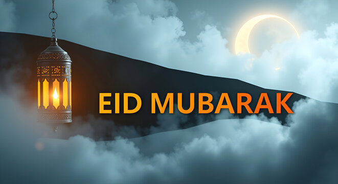 Celebrate Eid Mubarak with this serene lantern scene, perfect for greetings, social media, and festive designs, with a soft moonlit glow - Powered by Adobe