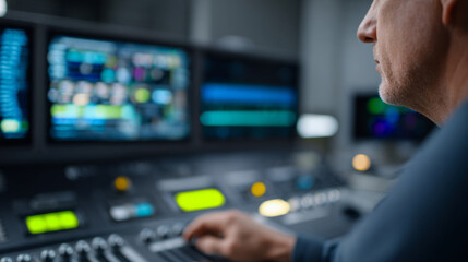 Close-up of a man operating a professional audio mixing console with multiple digital screens displaying colorful sound waveforms and controls in a studio