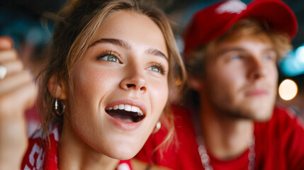 Young woman wearing reflective sunglasses enjoying a sports event with a man beside her, smiling and holding a drink