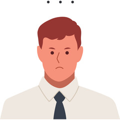 Concerned Man With Red Hair Wearing A Light Colored Shirt And Dark Tie Showing A Subtle Negative Emotion In A Studio Portrait With A White Background And A Transparent Overlay Showing Three Dots