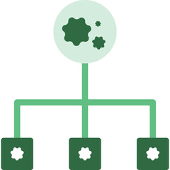 Abstract representation of a virus with multiple cells branching out from a central node against a light green circular background and dark green square nodes below, clean vector graphic illustration