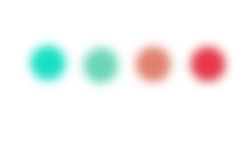 Soft blurred illustration with four round spots in turquoise, mint, peach and red colors on a light transparent background, horizontal composition with wide white copy space for text, abstract banner 