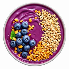 Overhead view of a vibrant purple aa smoothie bowl topped with fresh blueberry, sesame seed, and goji berry
