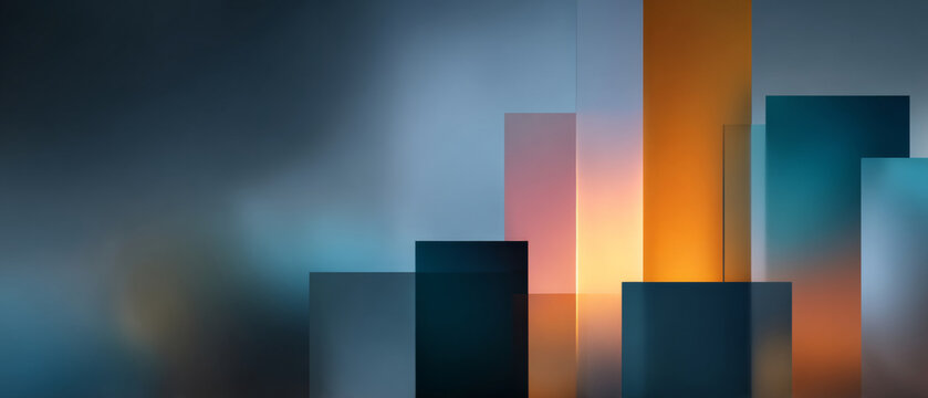 Abstract geometric composition with translucent rectangular shapes in blue, orange, and pink hues creating a modern architectural illusion with soft gradient background