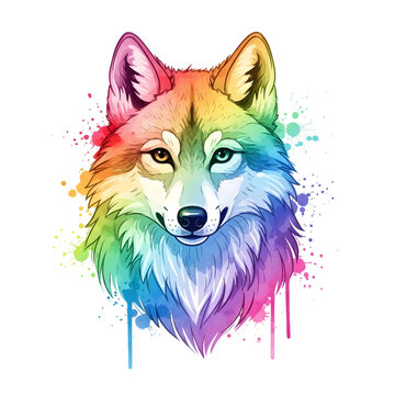 Majestic Rainbow Wolf Head Portrait Watercolor Illustration with Vivid Fur and Paint Splatter - Wild Animal Mascot Vector Art