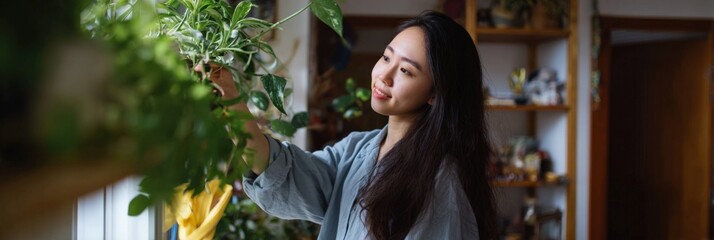 Young asian female enjoying indoor gardening with lush greenery