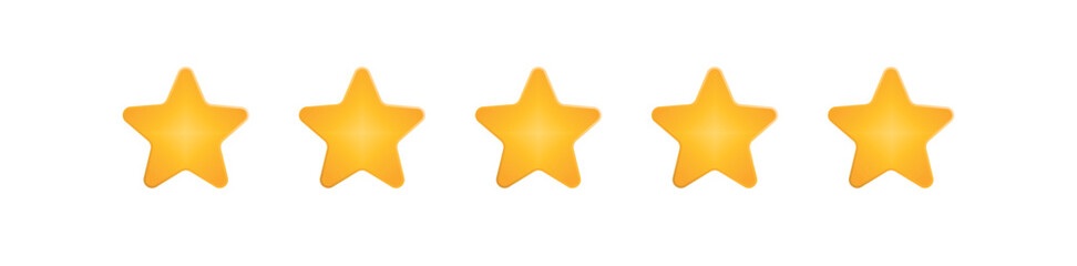 Five shiny golden stars in straight row layout, high quality rating concept, customer review score symbol, glossy vector icon with gradient, transparent background, service evaluation graphic element