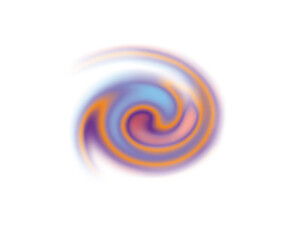 Abstract spiral illustration with smooth transition of blue, purple, and orange tones on a transparent background. Soft edges, colorful vortex center, energetic composition, intense motion effect.