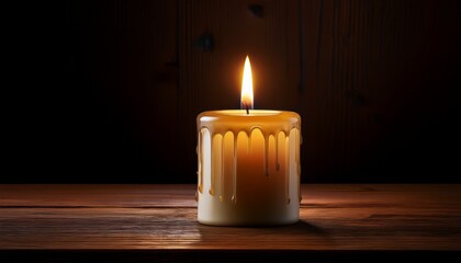 A Lit Candle With Dripping Wax Sits On A Wooden Surface Casting A Soft Glow In The Darkness