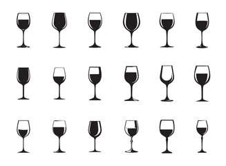 Collection of varied wine glasses, filled and empty, in a monochrome style