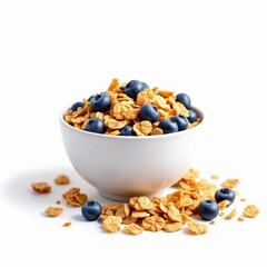 Bowl of corn flake cereal with fresh blueberry topping isolated on white background