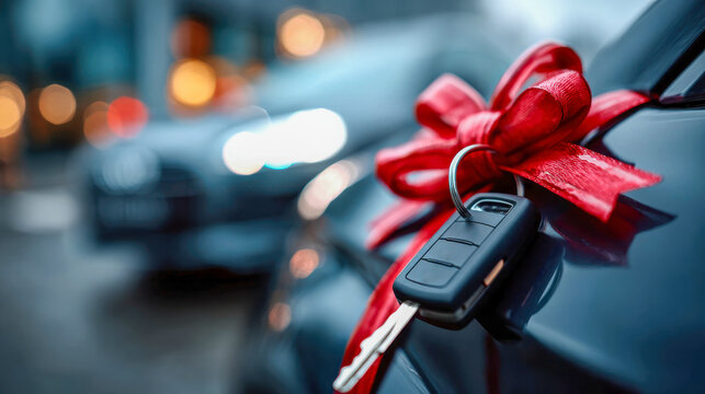 Fototapeta Close-up of a new car key attached to a shiny vehicle, decorated with a bright red gift bow for a celebration or special occasion