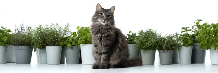 Fluffy gray cat among herb pots on white background