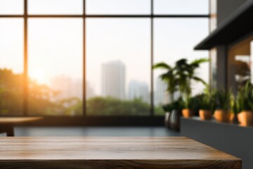 Sunlit modern office with cityscape and indoor plant decor
