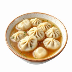 Delicious hot soup dumpling in a bowl with savory broth, isolated on white background