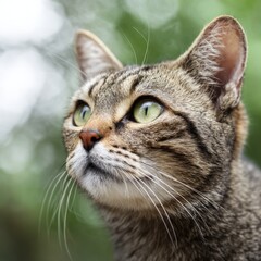Close-up of attentive tabby cat in lush greenery